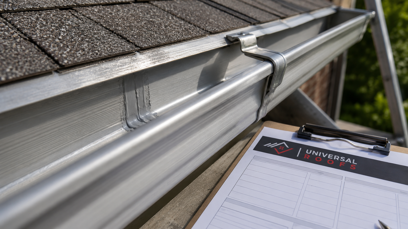 Close view of a resealed seam and hidden hanger after eavestrough repair in Mississauga