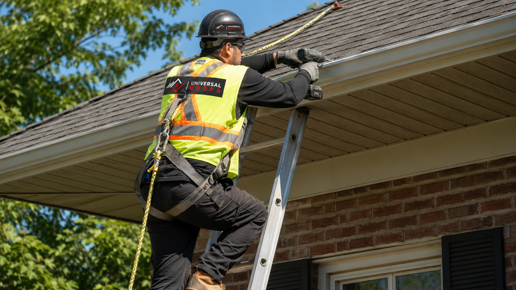 Technician performing eavestrough repair in Mississauga on the roofline of a suburban two storey home
