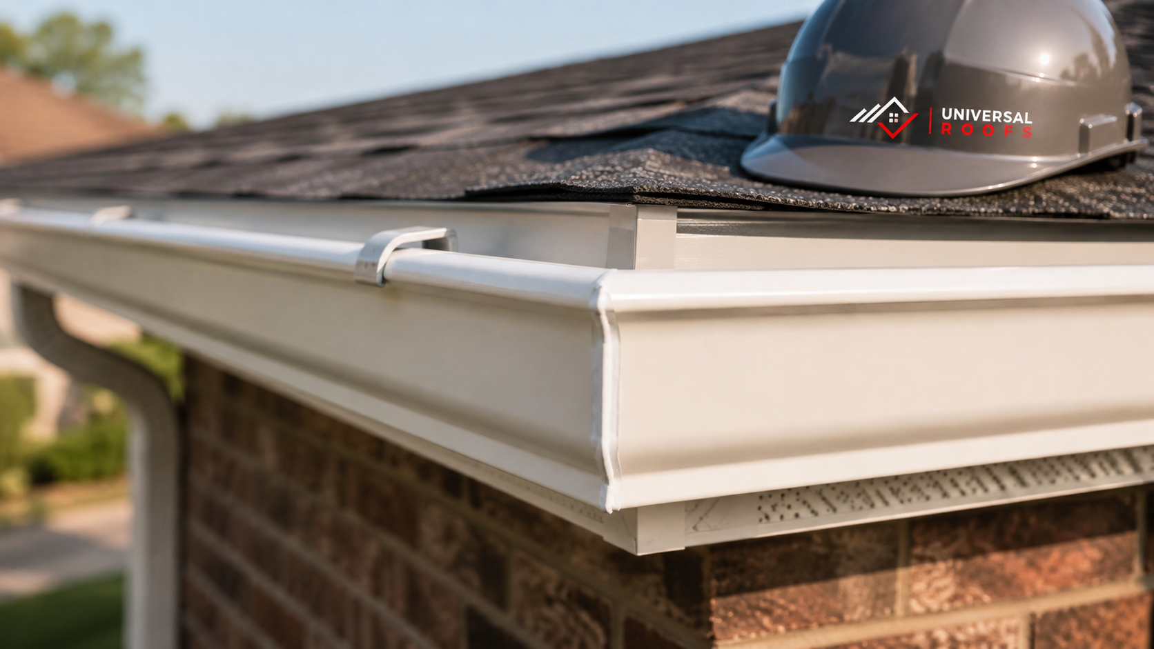 Close detail of a sealed eavestrough mitre corner and hidden hanger after eavestrough repair in Brampton