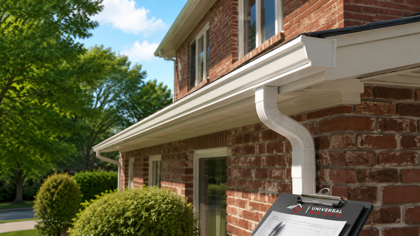 Aluminium eavestrough and downspout along the roofline of a brick suburban home needing eavestrough repair in Brampton