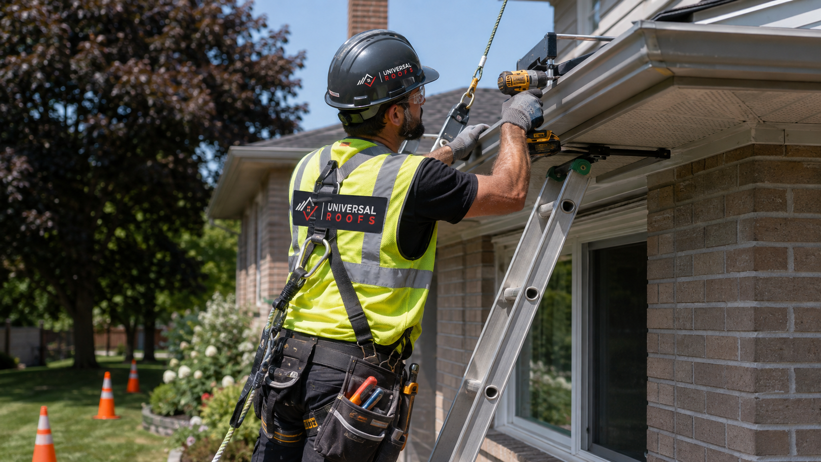 Roofing technician in full safety gear re-securing a downspout during eavestrough repair in Brampton on a summer day