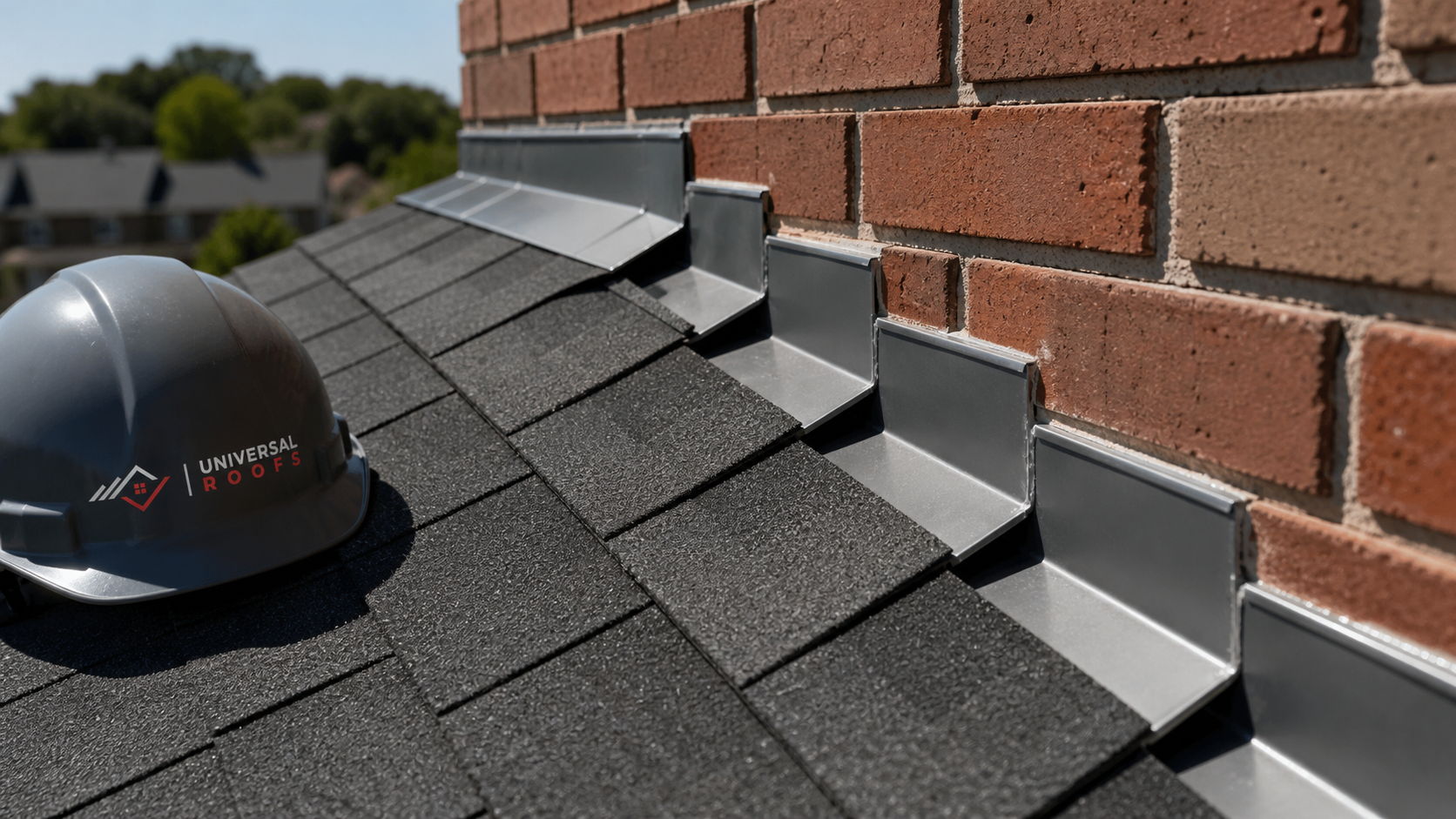 Close detail of new step flashing and sealed shingle courses after roof leak repair in Mississauga