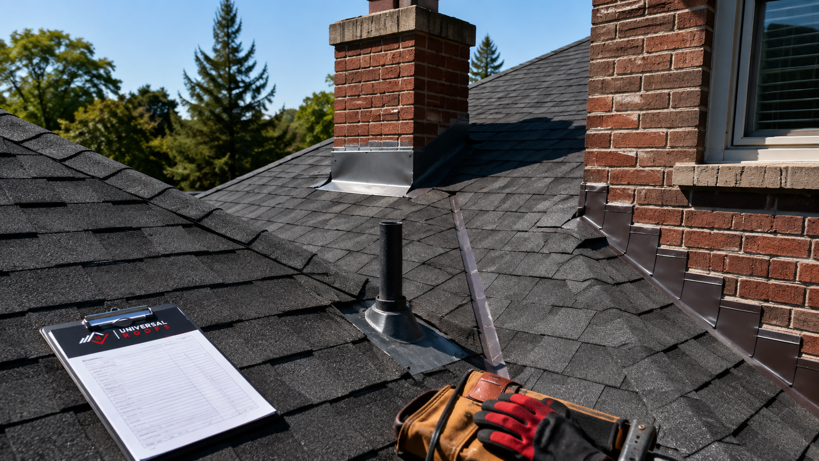 Two-storey suburban home roofline showing the valley and chimney areas where roof leak repair in Mississauga typically begins