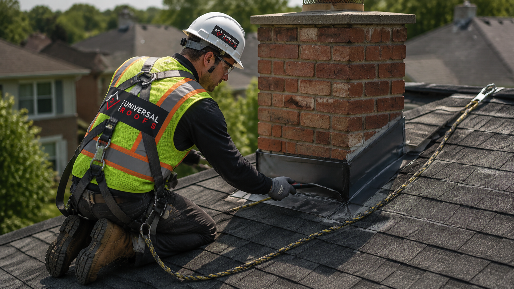 Roofer in full safety gear inspecting shingles and flashing during roof leak repair in Mississauga
