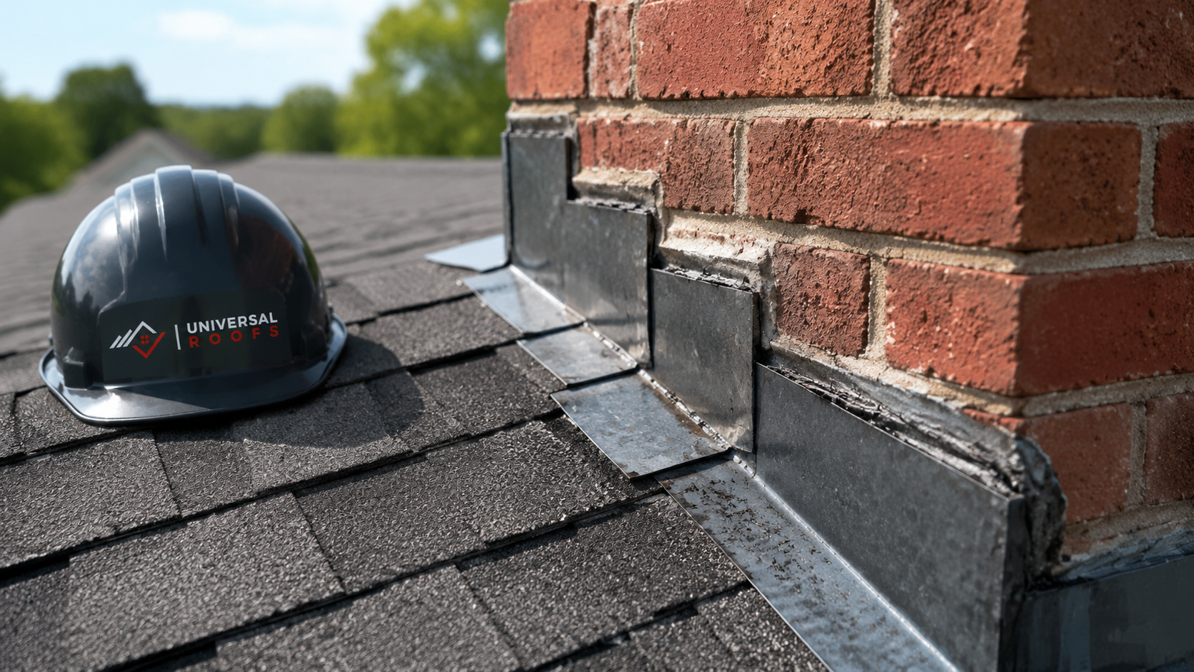 Close detail of chimney step flashing and sealant assessed during a roof inspection in Mississauga