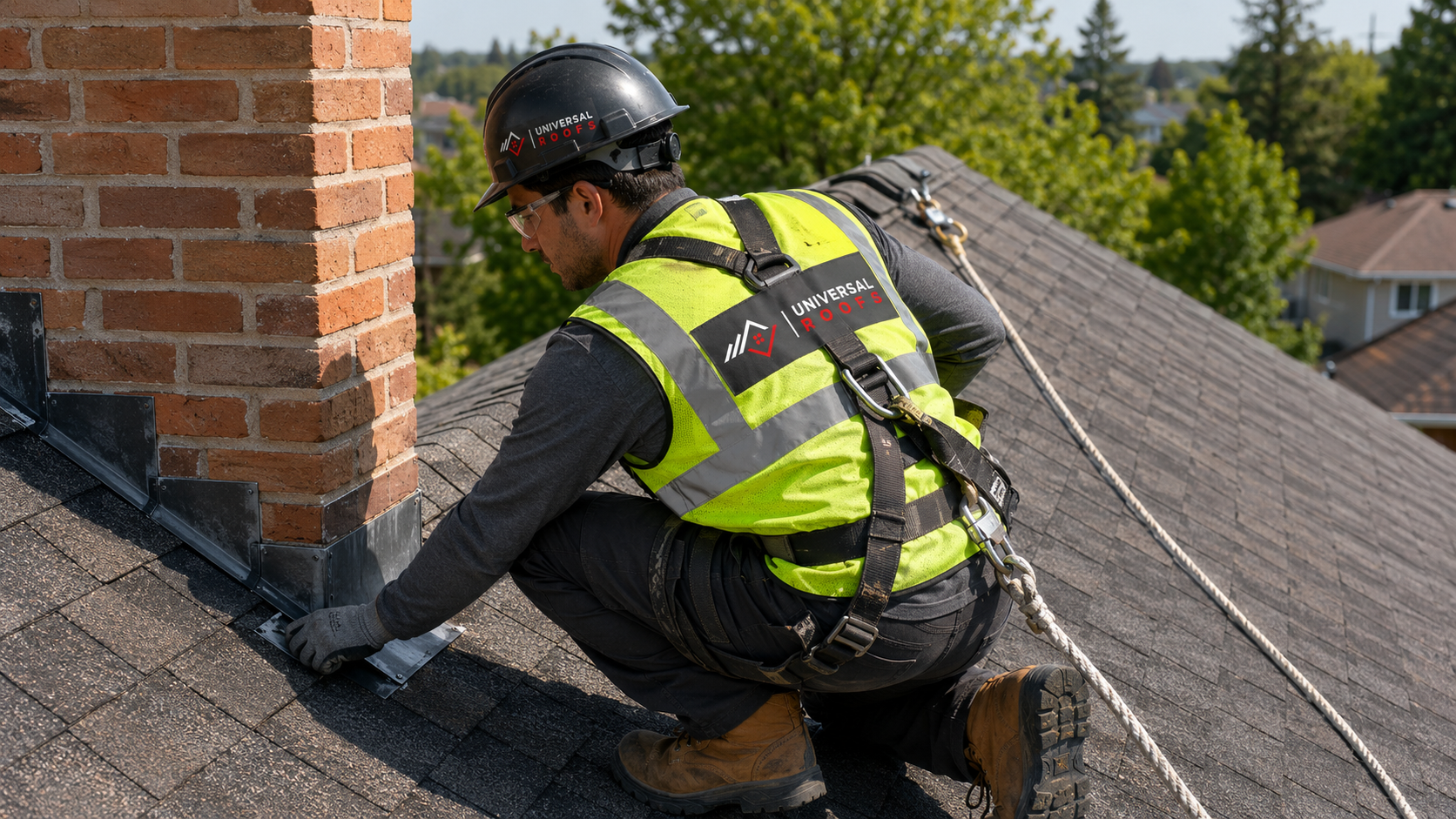 Harnessed roofer performing a roof inspection in Mississauga by checking shingle and flashing condition