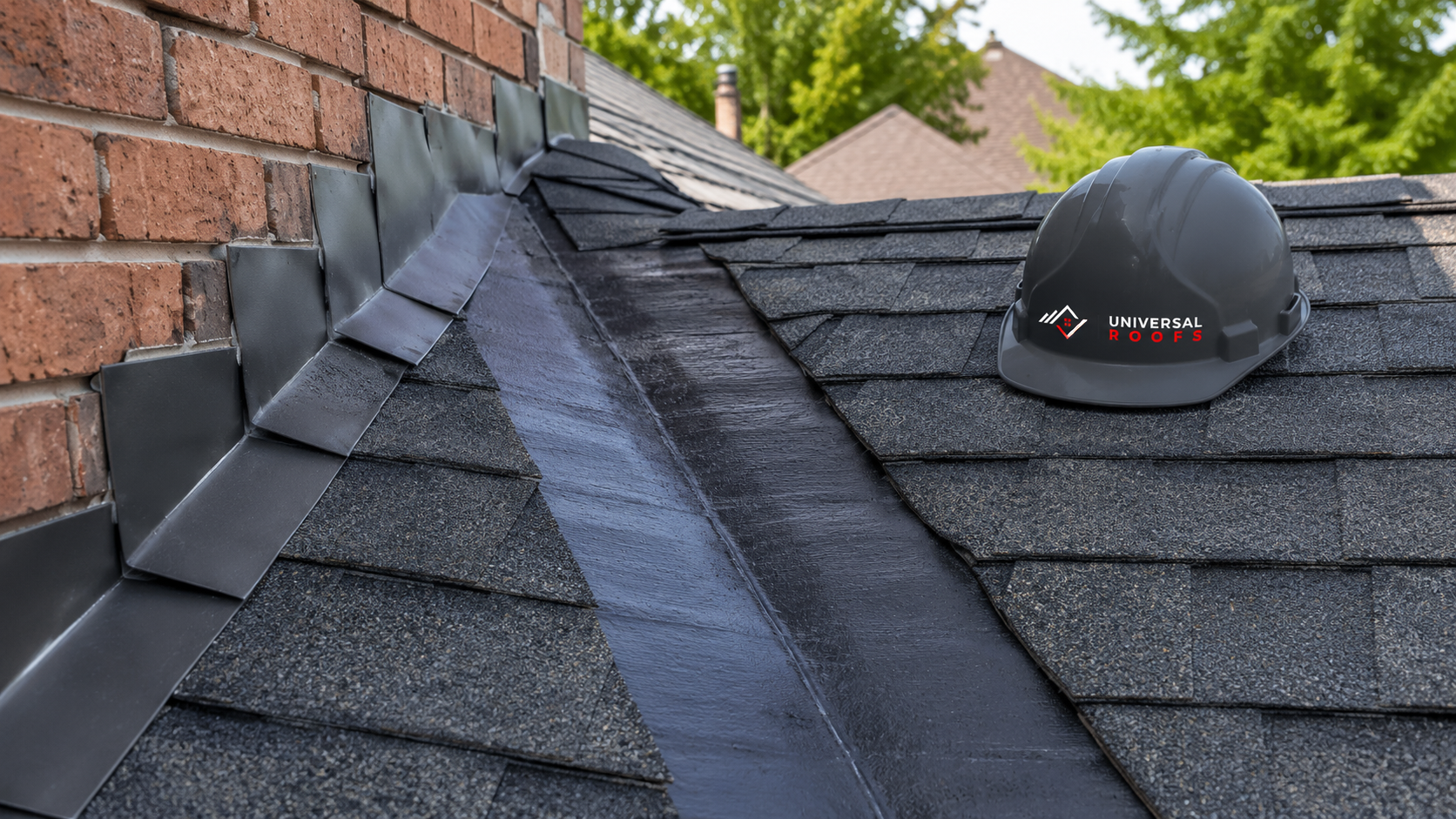 Close detail of valley flashing and ice and water membrane on a roofing Caledon installation