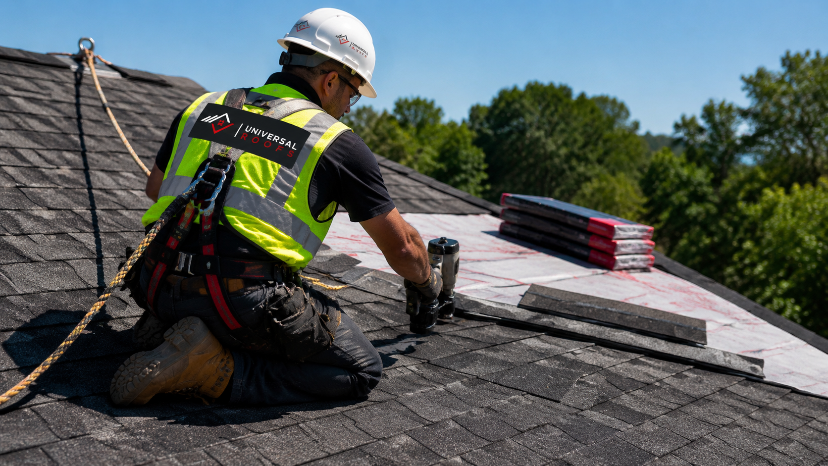 Harnessed roofer installing shingles on a steep pitch during a roofing Caledon replacement project