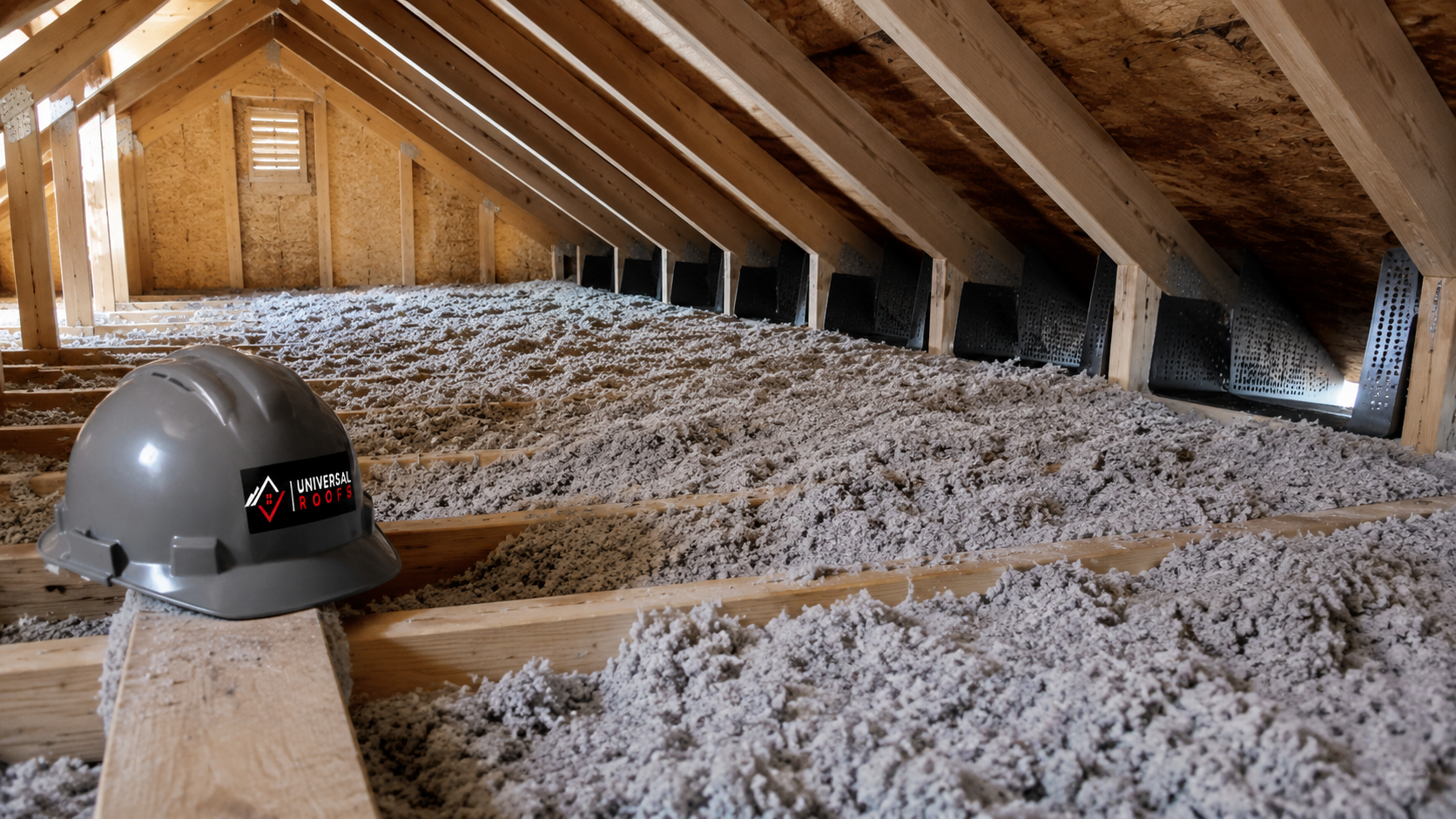 Close detail of blown attic insulation depth and baffles after an attic insulation Caledon upgrade