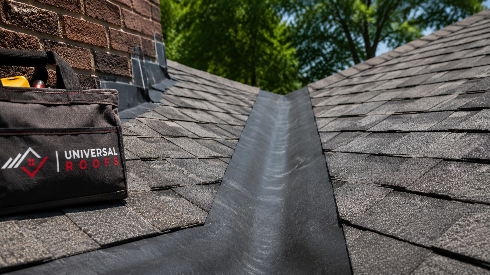 Close-up detail of valley flashing and ice and water membrane on a roofing Mississauga shingle installation
