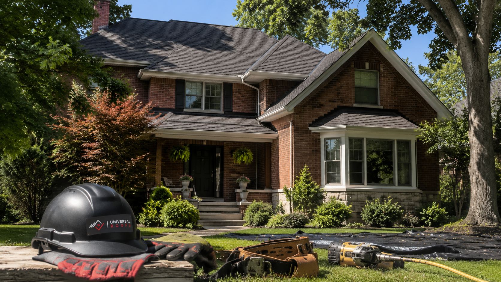 Newly installed architectural asphalt shingle roof on a suburban Mississauga two-storey home on a clear summer day
