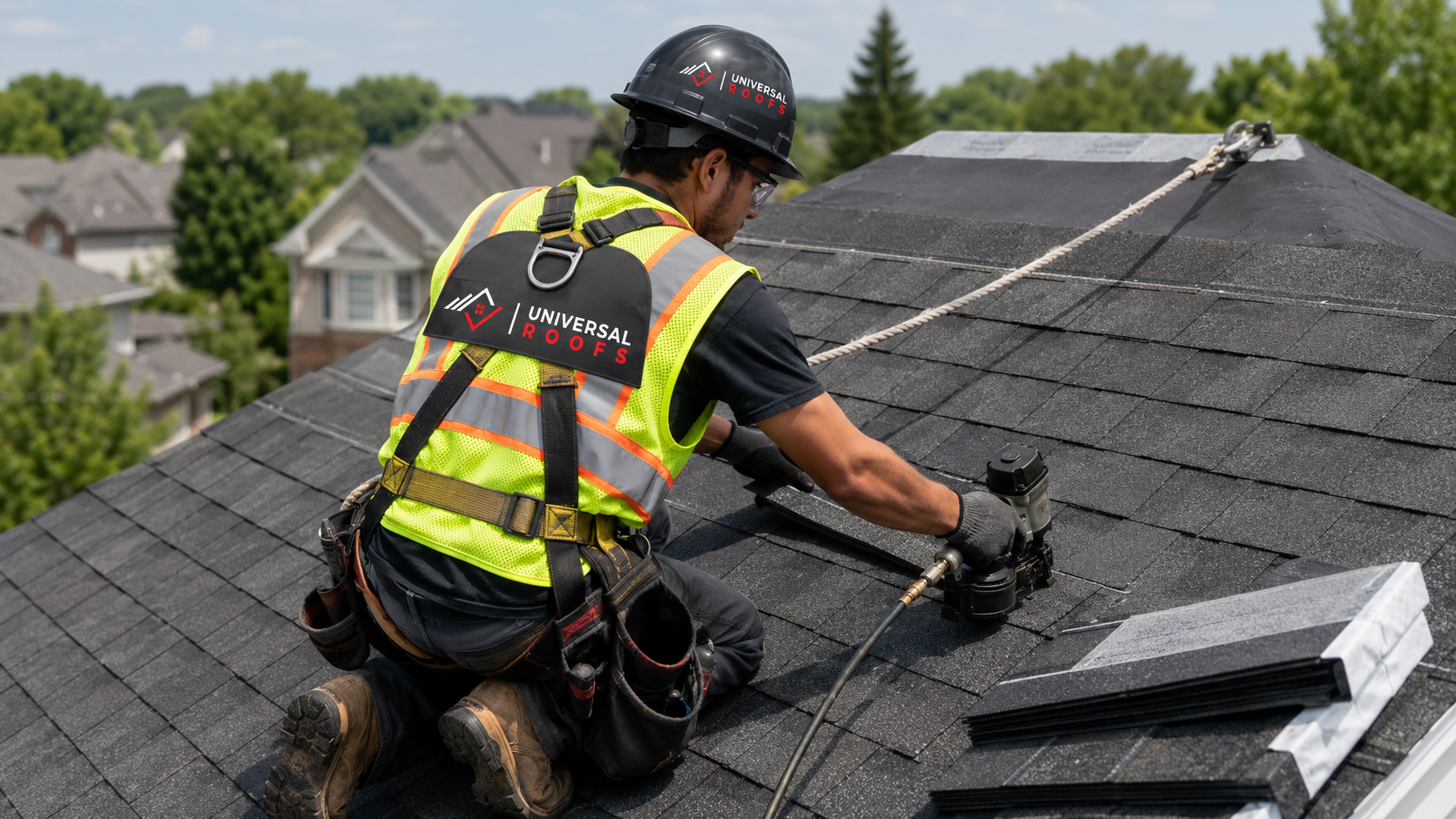 Roofer in full safety gear and harness installing shingles during a roofing Mississauga replacement on a suburban home