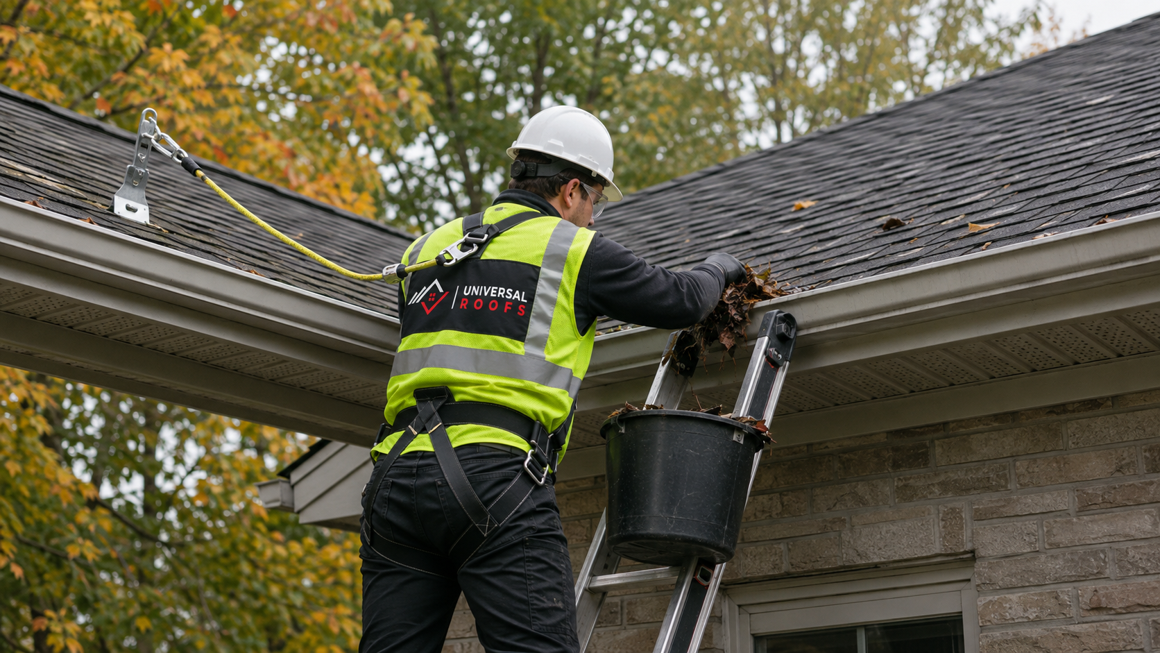 Roofer clearing debris from an eavestrough during gutter cleaning north york autumn service