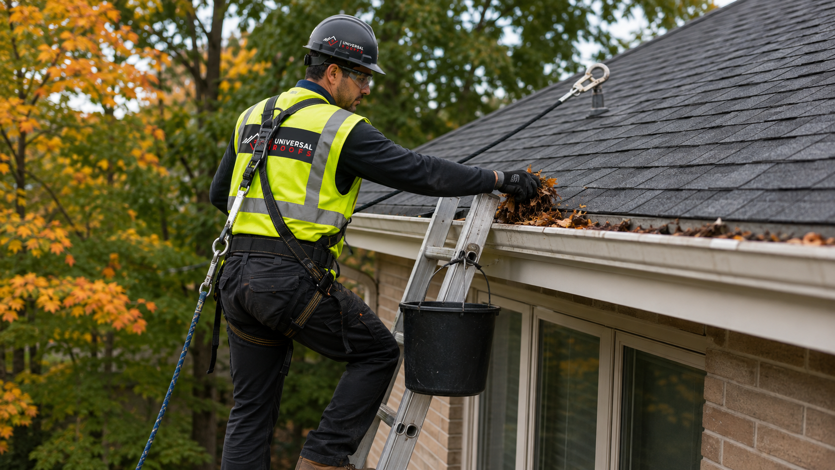 Roofer clearing debris from an eavestrough during gutter cleaning north york autumn service