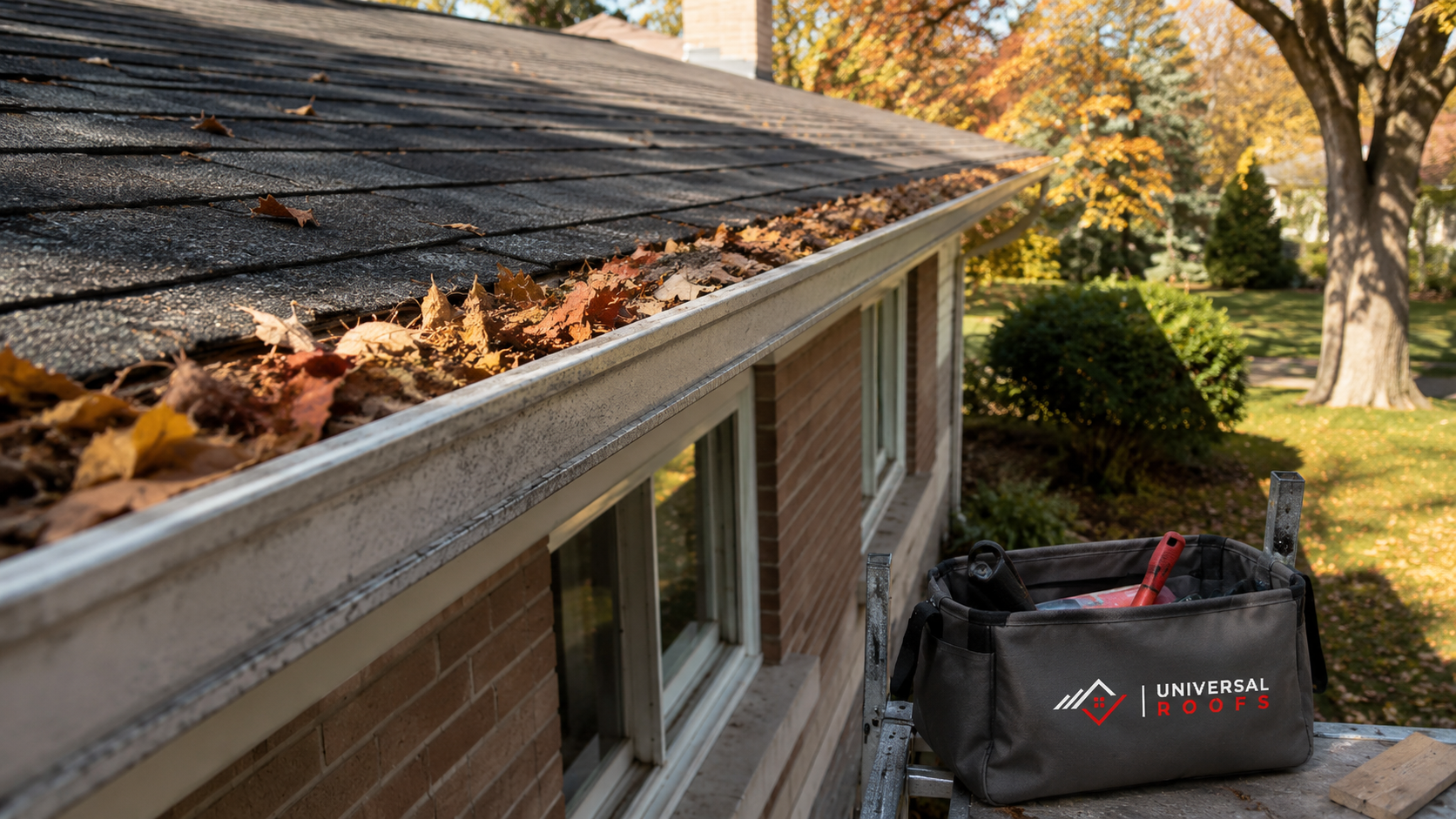 Autumn leaves and debris in an eavestrough on a Scarborough bungalow needing gutter cleaning scarborough service