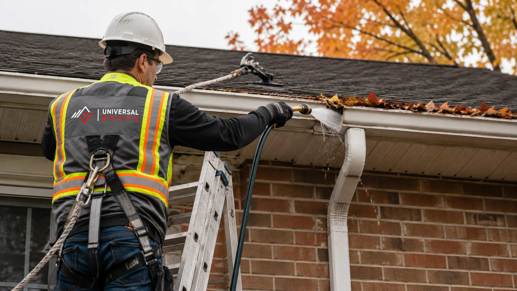 Roofer flushing a downspout during a gutter cleaning scarborough autumn maintenance visit
