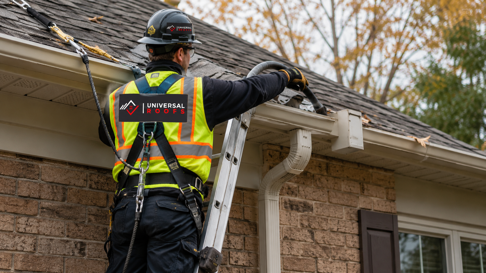 Roofer flushing a downspout during a gutter cleaning scarborough autumn maintenance visit