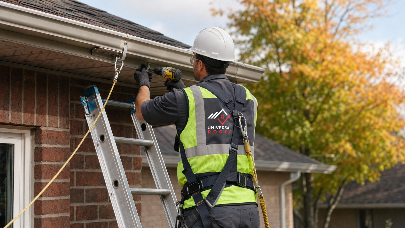 Roofer refastening a loose eavestrough during eavestrough repair etobicoke autumn service