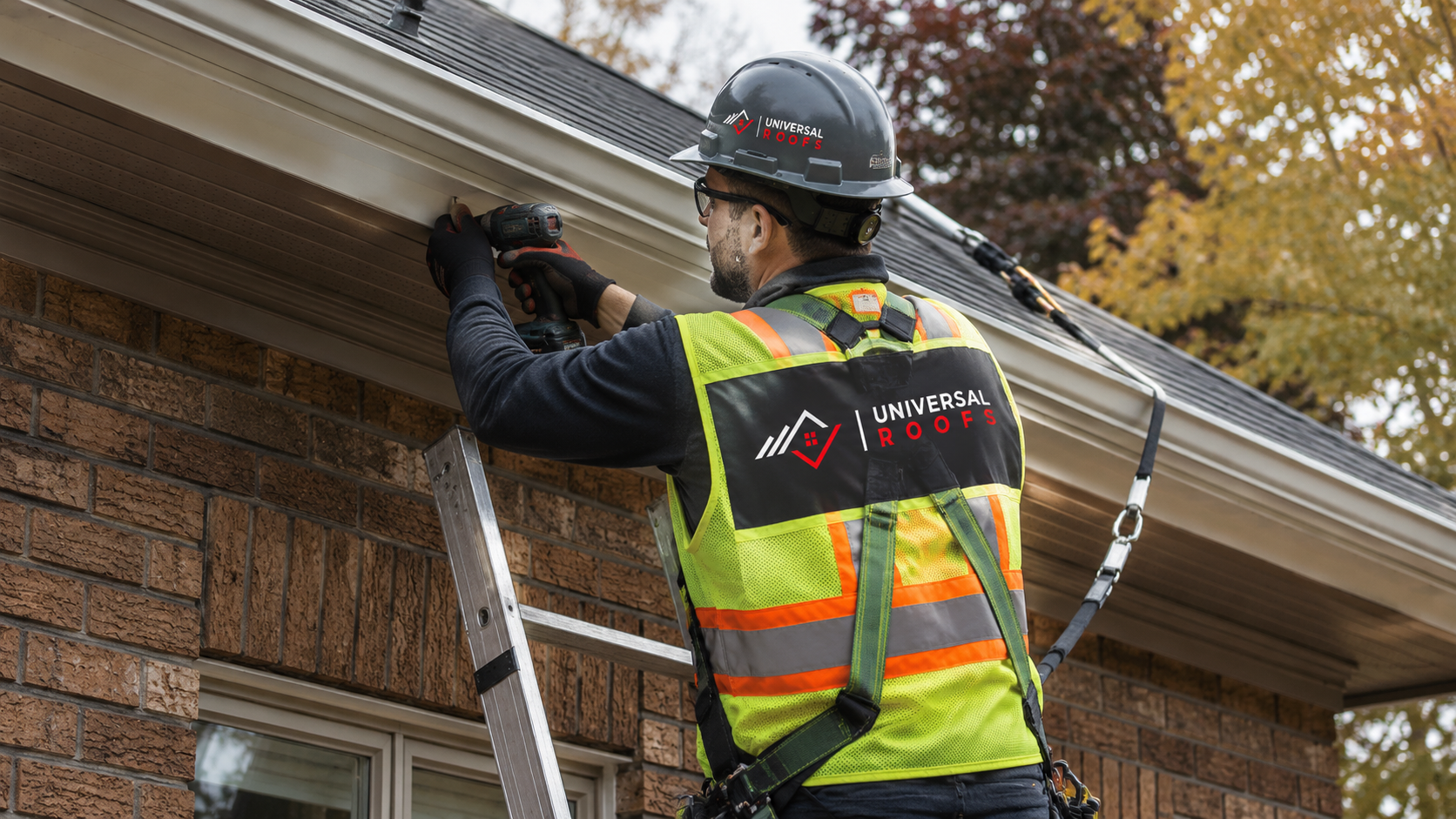 Roofer refastening a loose eavestrough during eavestrough repair etobicoke autumn service