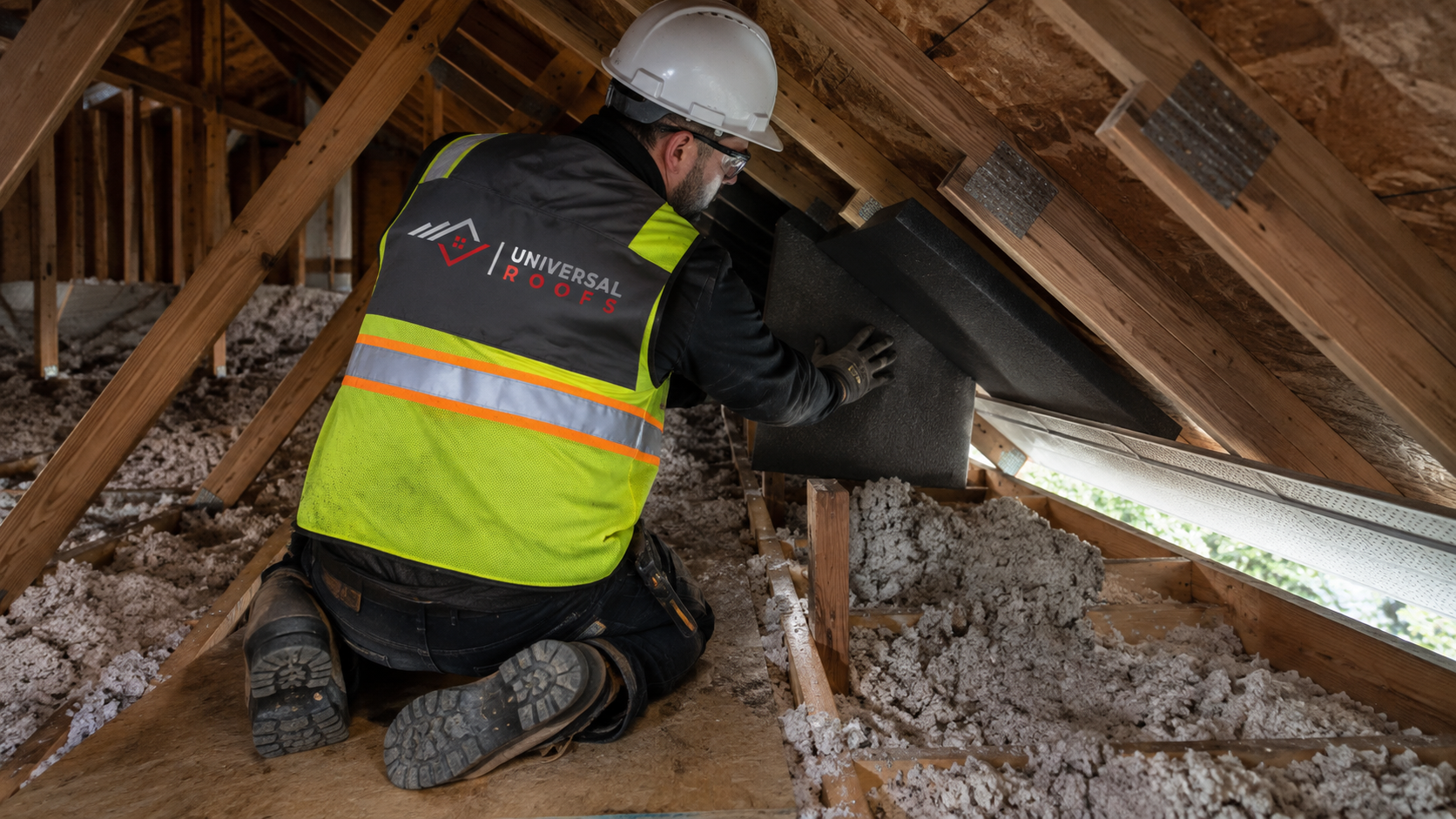 Insulation technician installing baffles in an attic during attic insulation north york upgrade work