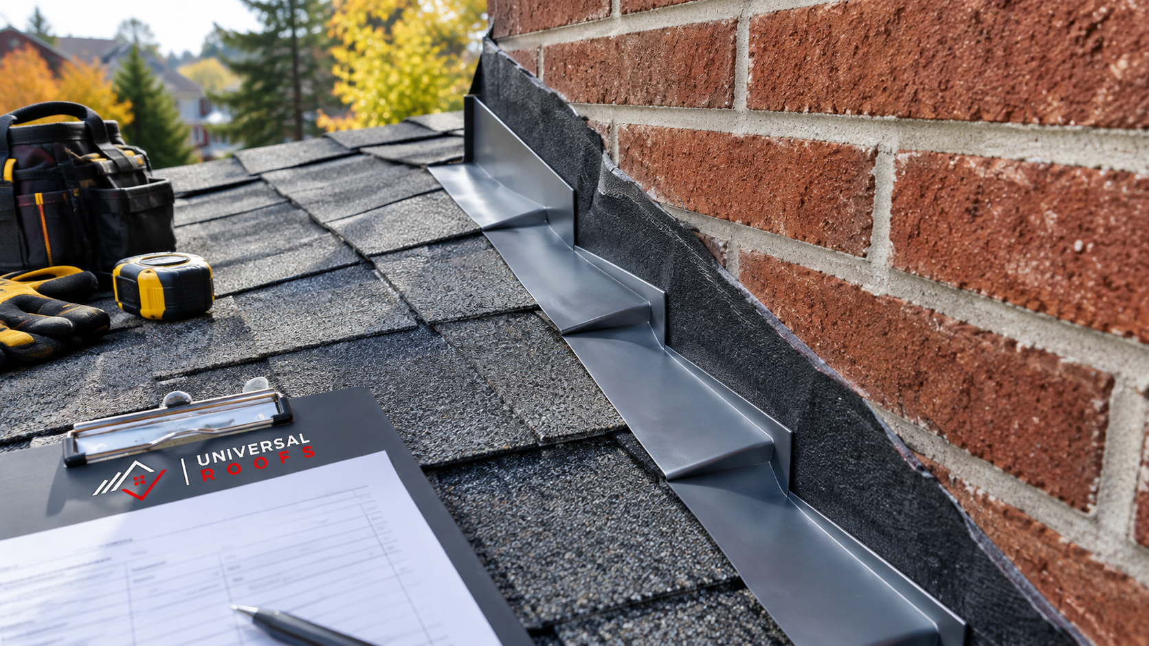 Close detail of new step flashing and valley membrane, the quote items roofing contractors York Region should specify
