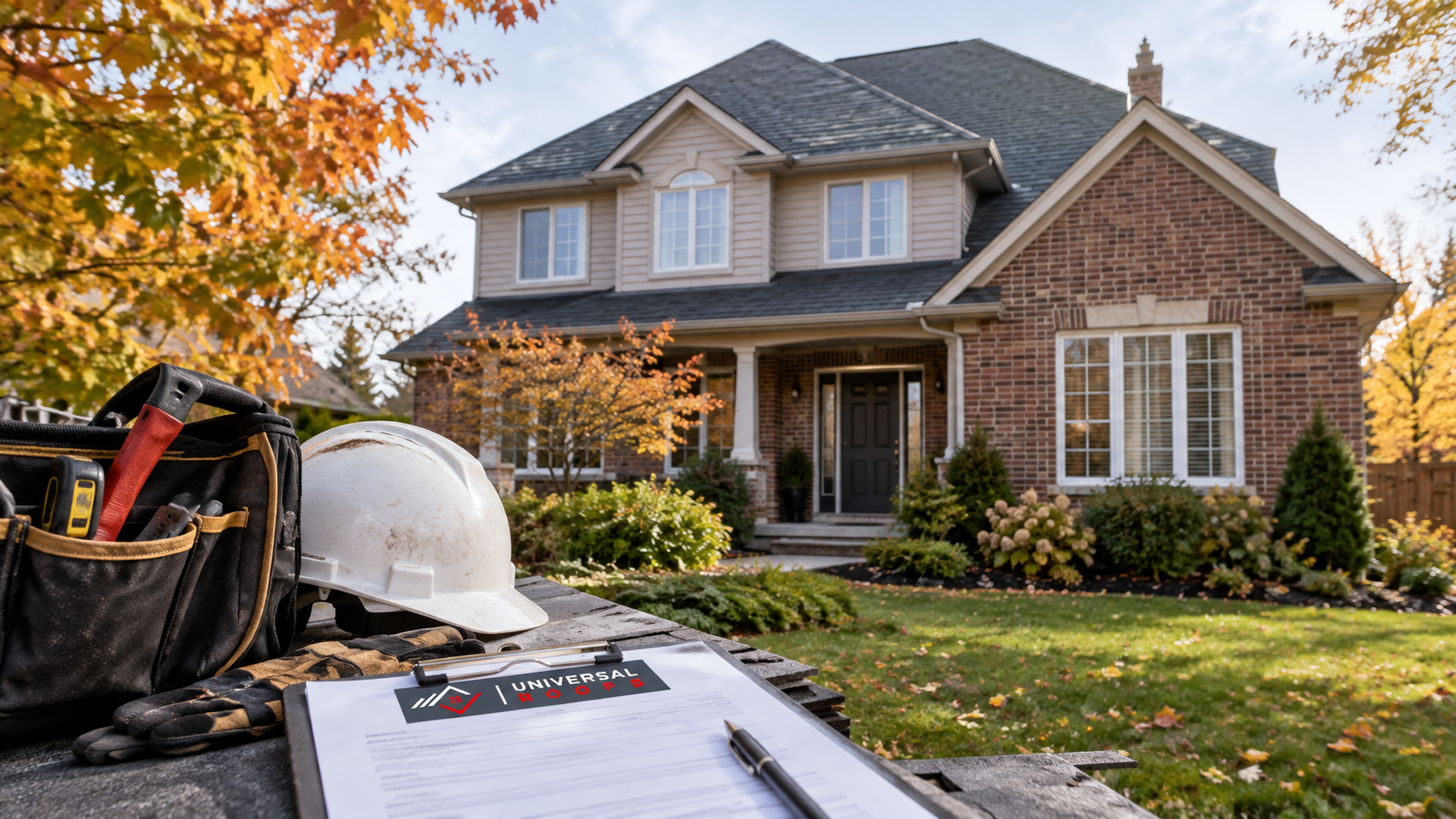 Suburban York Region home with a newly replaced asphalt shingle roof in early autumn daylight