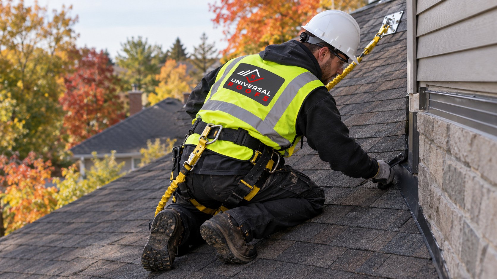 Roofer in full safety gear inspecting flashing detail while comparing roofing contractors York Region standards
