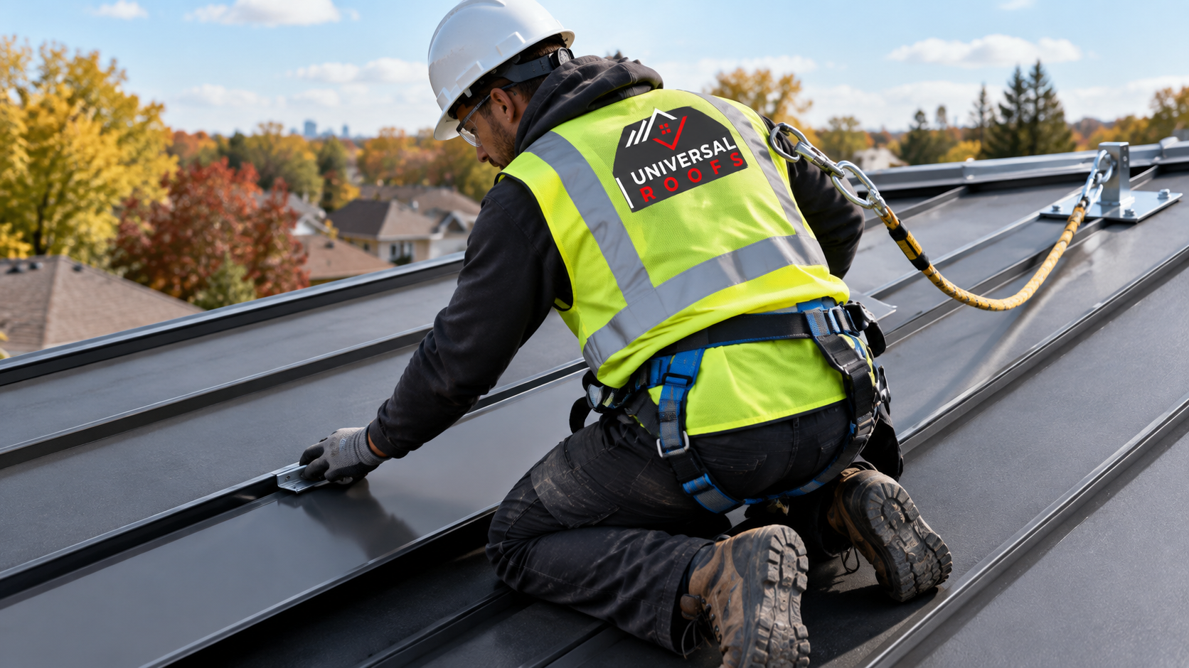 Roofer installing standing seam panels during a metal roofing Markham replacement project in autumn