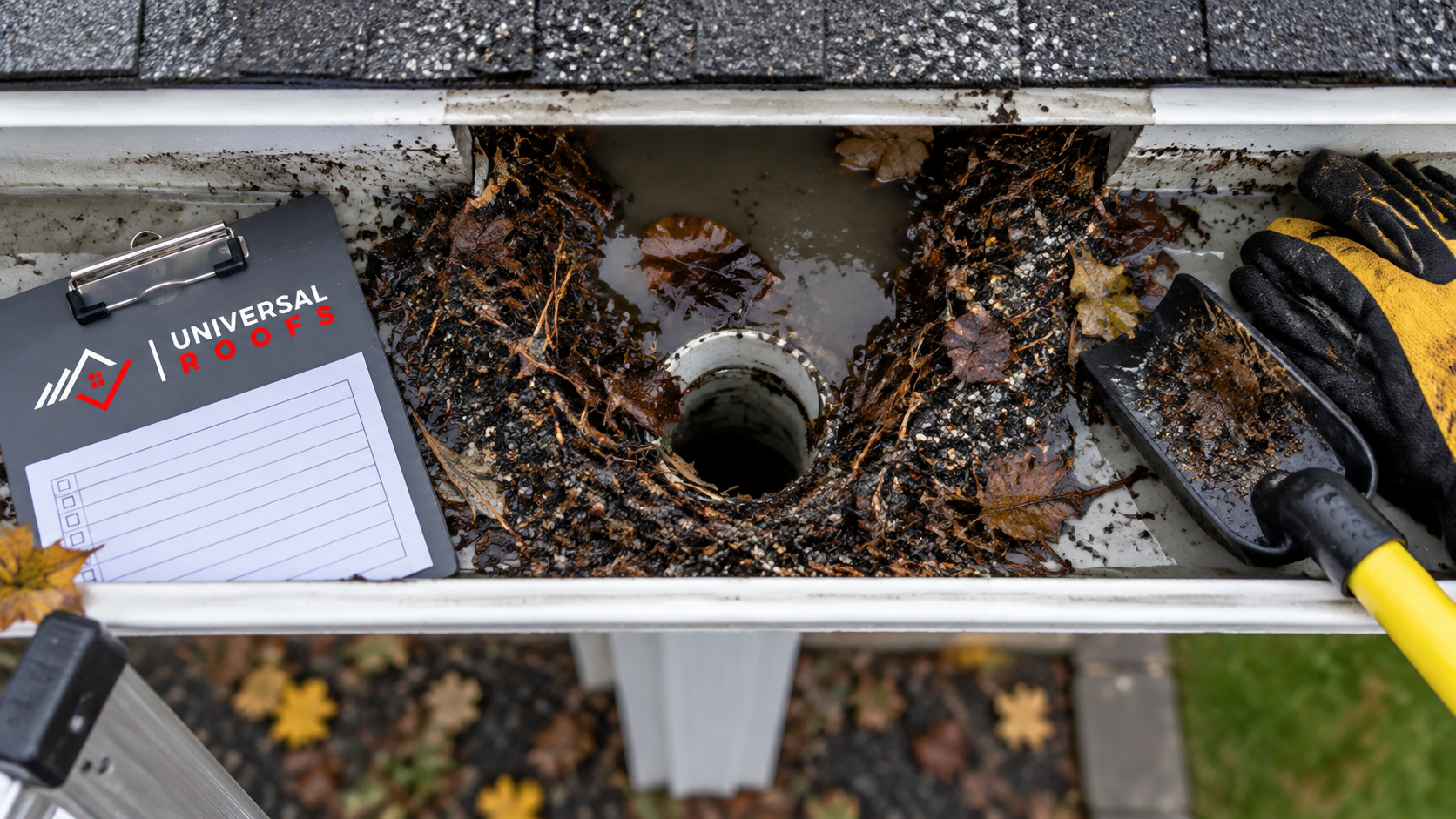 Close view of a blocked downspout outlet, the check most gutter cleaning Markham services miss