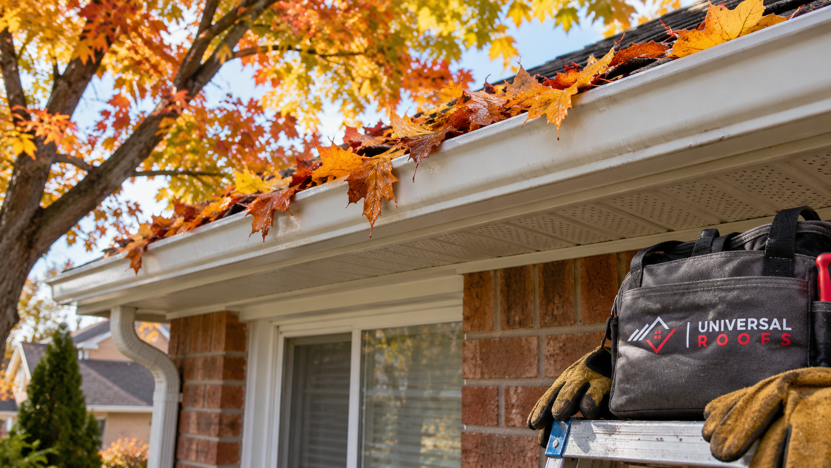 Autumn leaves filling the eavestrough of a Markham home, showing why gutter cleaning Markham timing matters