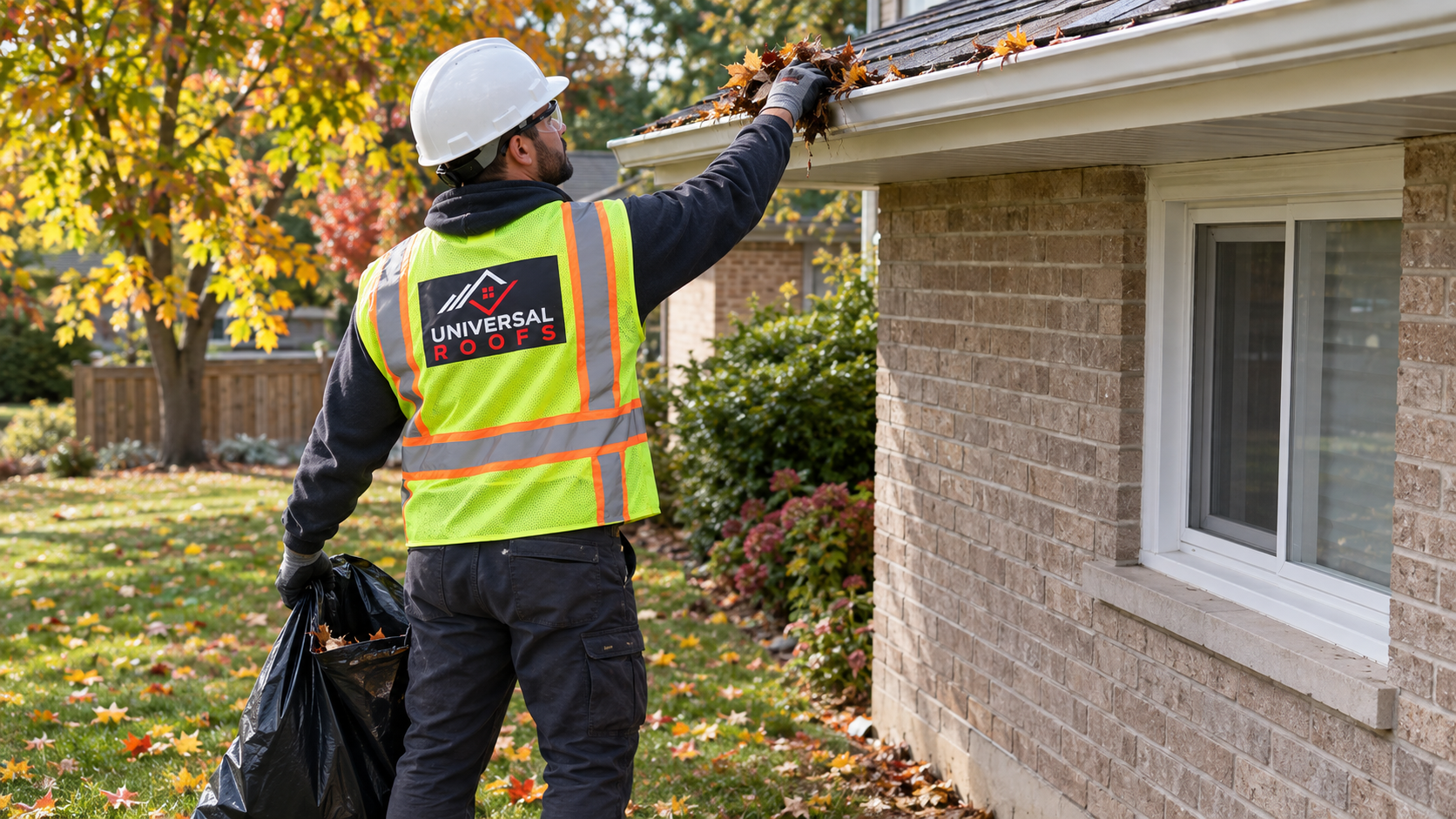 Technician clearing leaf debris from a low eavestrough during gutter cleaning Markham service in autumn