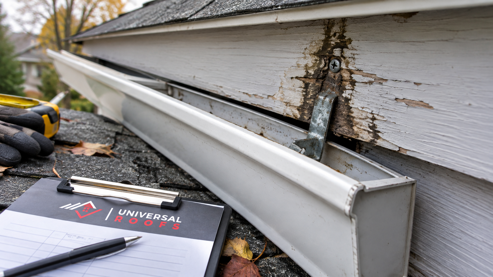 Close detail of a loose hanger and stained fascia board requiring eavestrough repair Vaughan homeowners should address