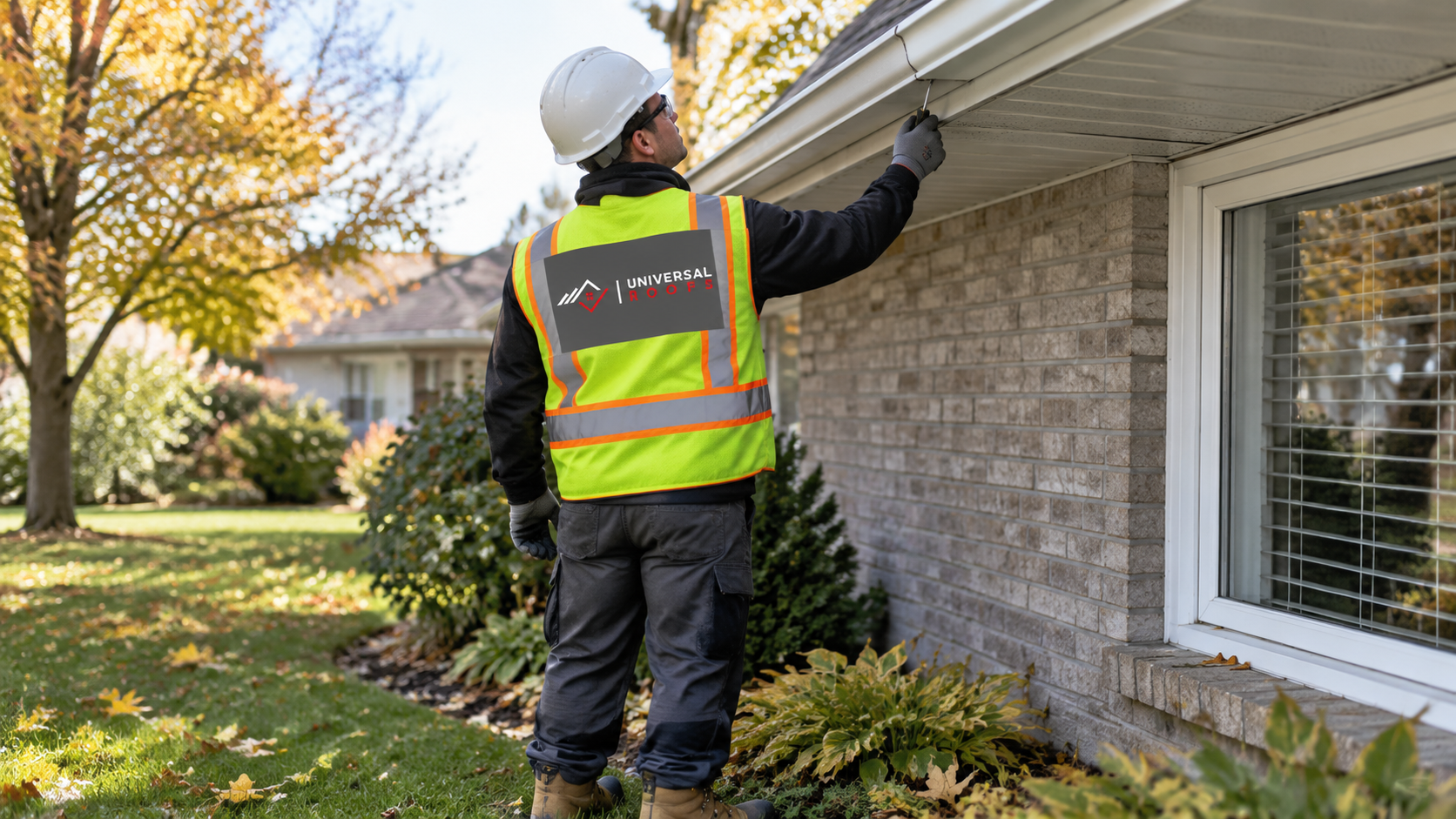 Technician checking a low eave hanger during eavestrough repair Vaughan service on an autumn morning