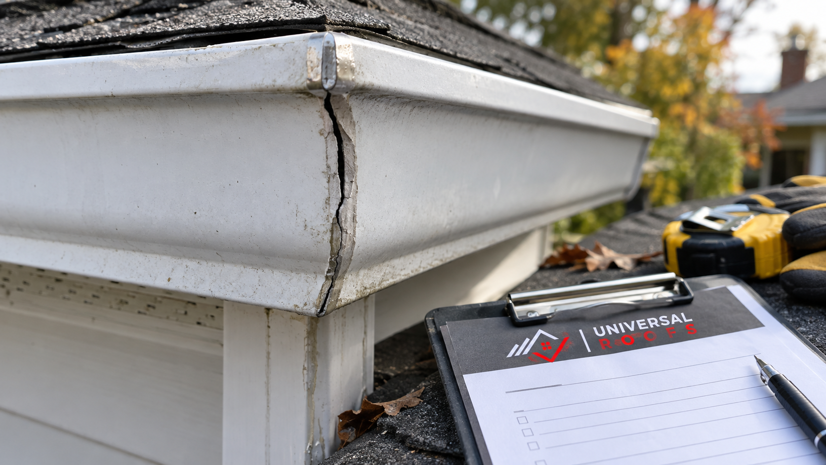 Close view of a failed corner mitre seam, a common trigger for eavestrough repair Richmond Hill quotes