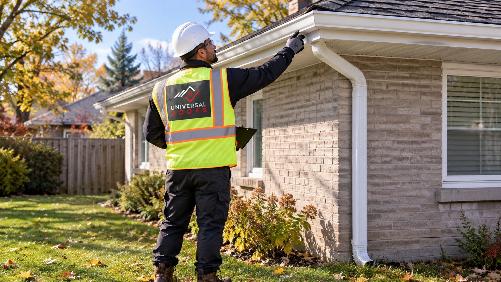 Technician assessing a low eave during an eavestrough repair Richmond Hill estimate in early autumn