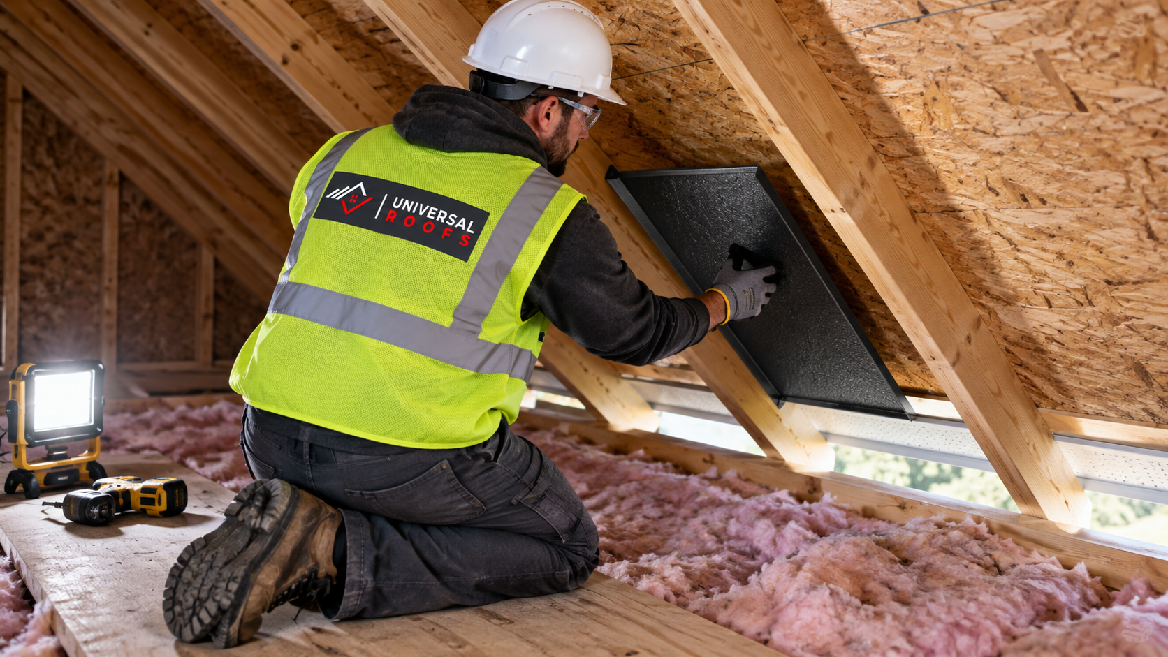 Technician installing rafter baffles before blowing attic insulation Richmond Hill homes require