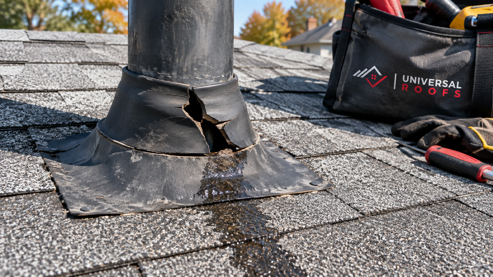 Cracked rubber plumbing stack boot, a frequent cause of the roof repair Newmarket homeowners request