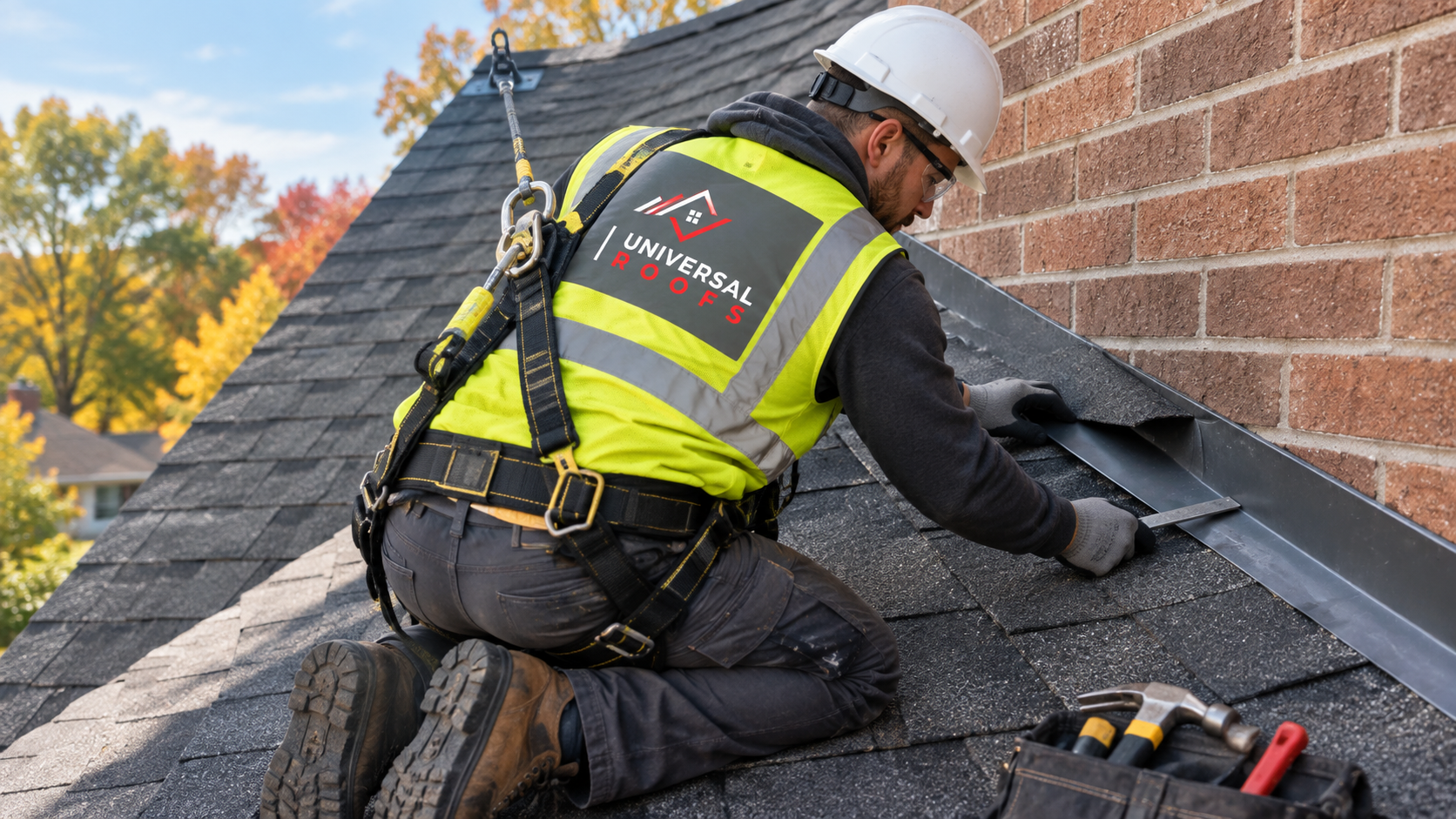 Roofer replacing step flashing during a roof repair Newmarket homeowners booked in early autumn