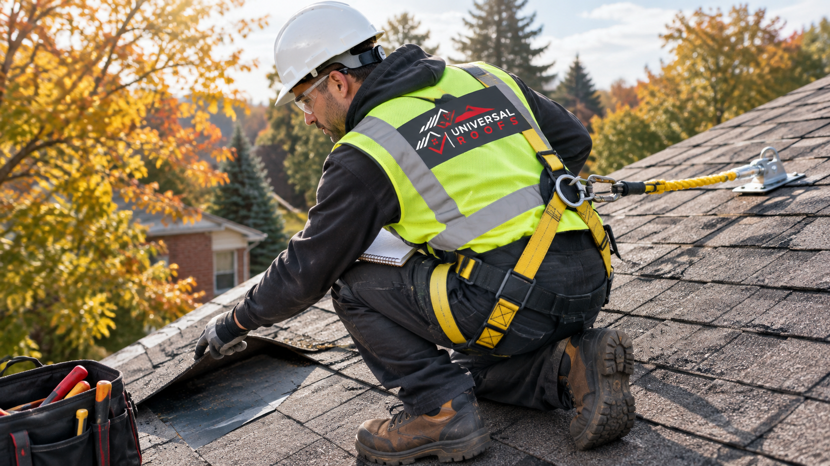Roofer assessing shingle and flashing condition during a roof repair Aurora inspection in early autumn