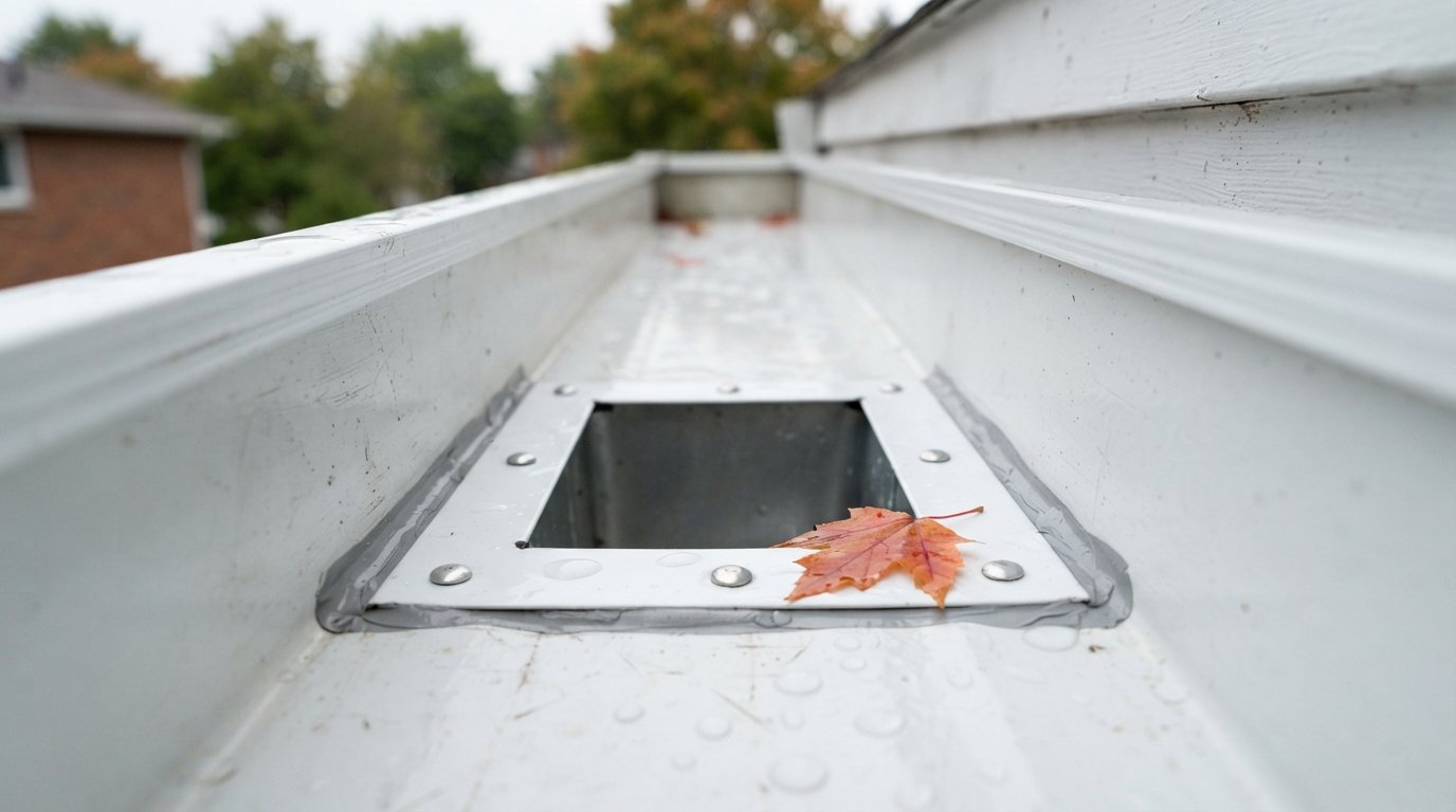 Close-up of a 3x4 downspout outlet cut into a 6-inch K-style trough, a key part of eavestrough size planning