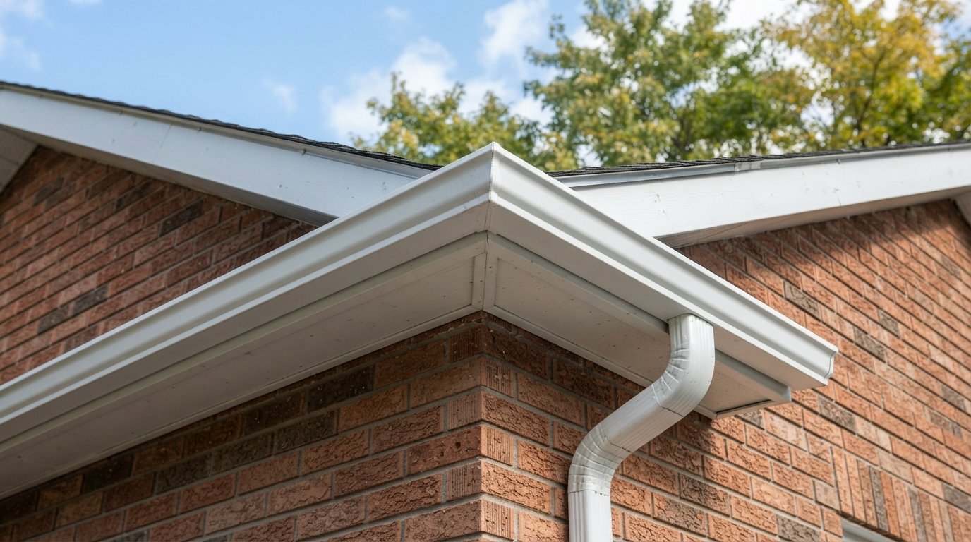 Side-by-side 5-inch and 6-inch K-style eavestroughs on a house roof edge showing the difference in eavestrough size