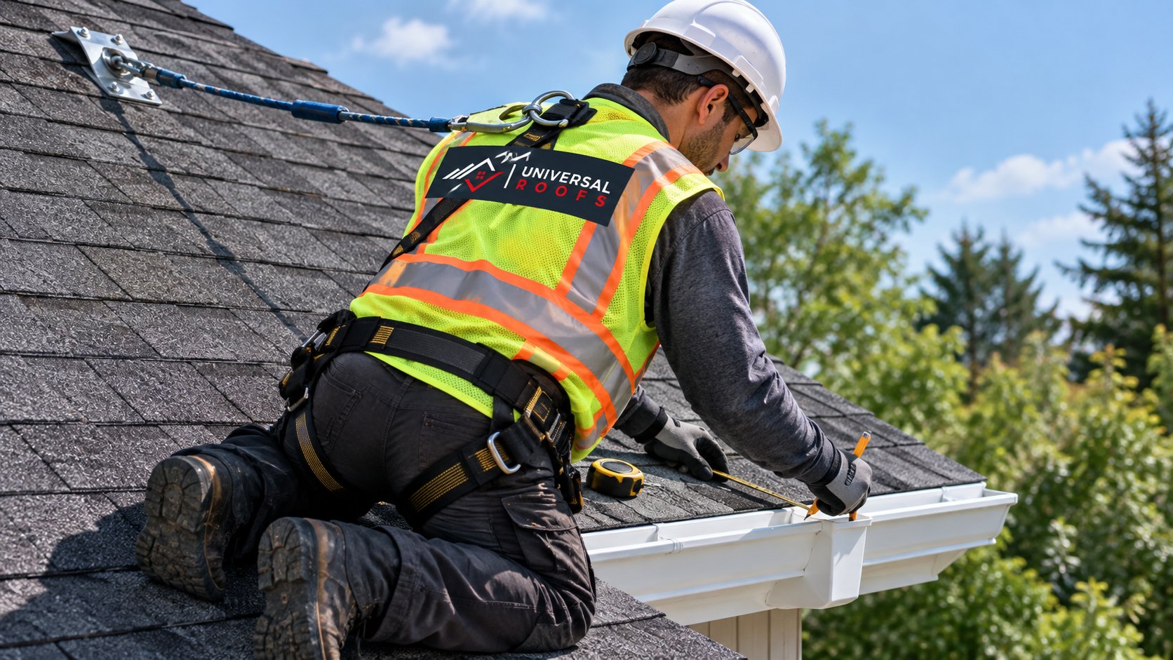 Eavestrough installer measuring a roof edge to confirm eavestrough size and downspout outlet positions on a GTA home