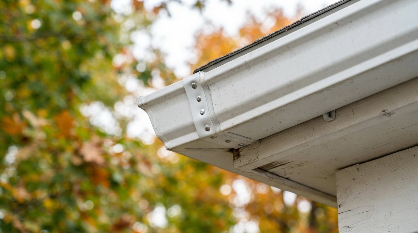 Close-up of a riveted and sealed outside corner mitre on a white seamless eavestrough