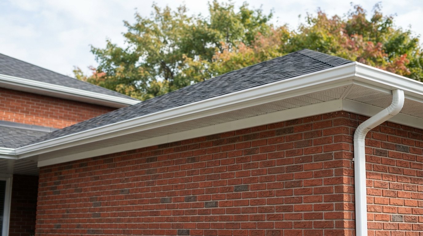 Long white seamless eavestrough running the full length of a brick home's roof edge without visible joints