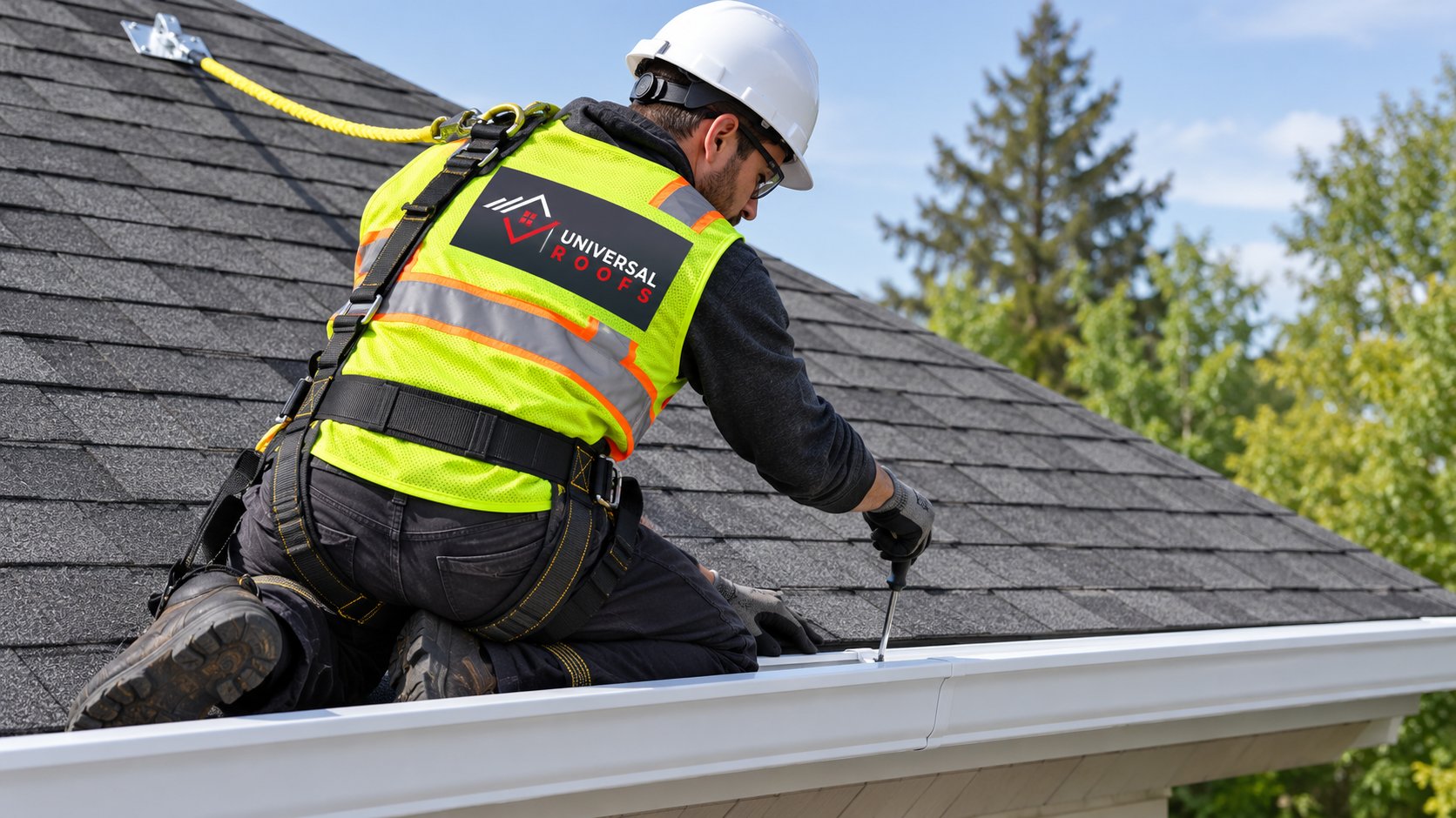 Installer fastening a new seamless eavestrough to a fascia board with hidden hangers on a GTA home