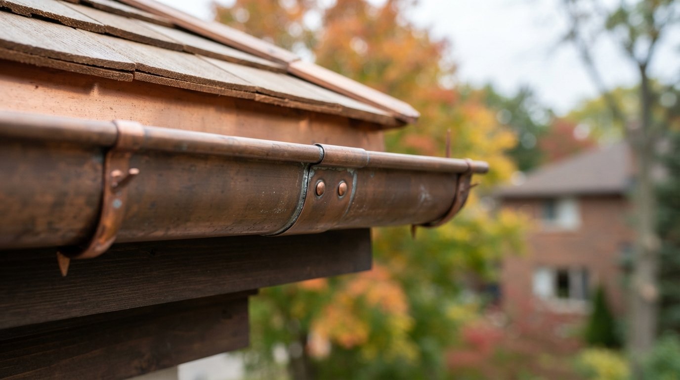 Close-up of weathered brown copper gutters showing a soldered seam and early patina