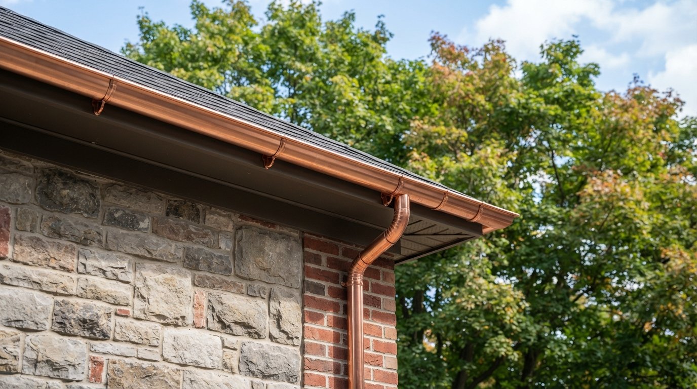 New half-round copper gutters with round downspout on a stone and brick heritage-style home in early autumn