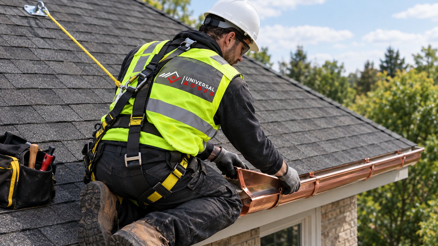 Tradesperson soldering a seam on new copper gutters at the roof edge of a traditional home