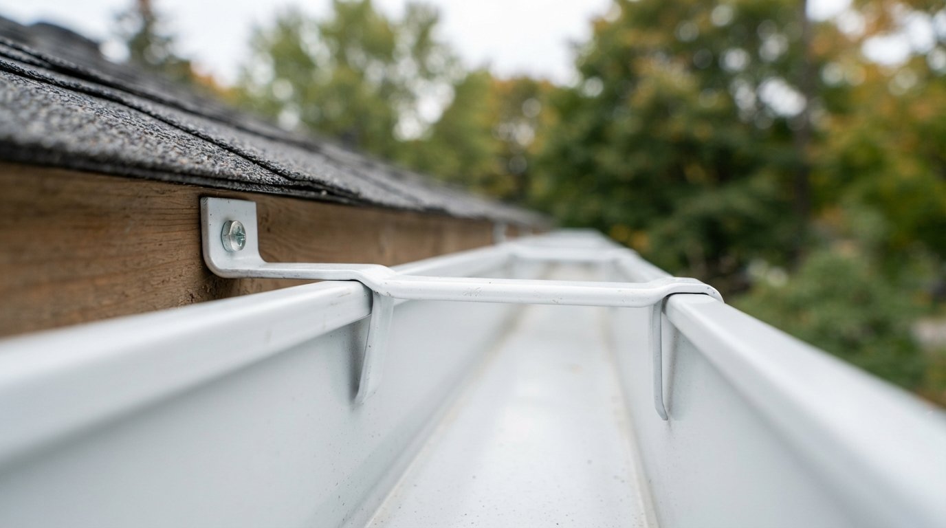 Close-up of a hidden hanger holding an eavestrough at the correct gutter slope against new fascia