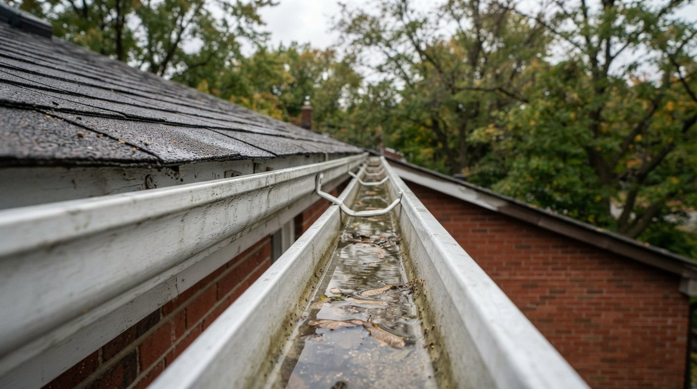 Eavestrough holding standing water after autumn rain because of poor gutter slope along the run